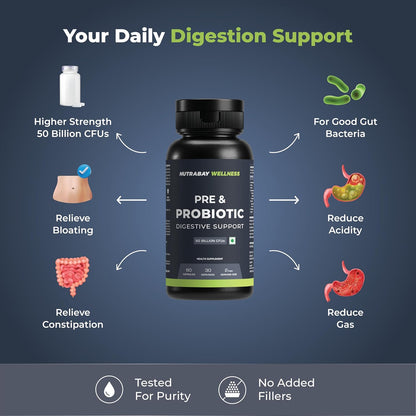 Nutrabay Wellness Pre & Probiotic Digestive Support 50 Billion CFUs - Improves Digestion & Immunity, Probiotic Supplement for Men and Women - 60 Veg Capsules
