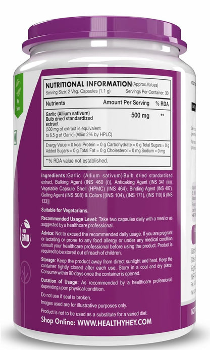 HealtyHey Nutrition Odorless Garlic Extract (1:13) Allium Sativum - 2% Allicin -(60 Veg Capsules)