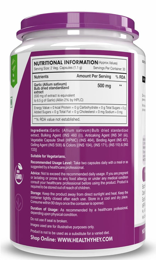 HealtyHey Nutrition Odorless Garlic Extract (1:13) Allium Sativum - 2% Allicin -(60 Veg Capsules)
