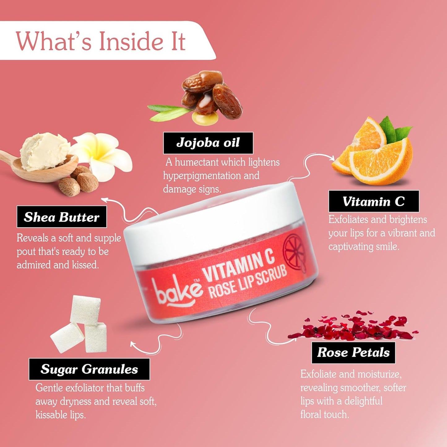 BAKE Vitamin C Lip Scrub | Lip Lightening Scrub for Dark Lips Exfoliation | For Hyperpigmented Lips, Dehydrated Lips, Flaky Lips & Chapped Lips | For Men & Women | 25g