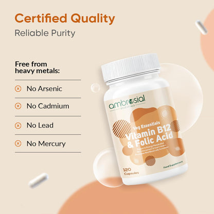 Ambrosial Vitamin B12 1000 mcg + 500 mcg Folic Acid | High Strength 1500 mcg b12 vitamin & Folic Acid |Reduction of Tiredness & Fatigue | B12 Supplement for Immune System & Energy | 120 Vegan Capsules