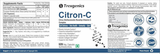 Trexgenics Citron-C Citrus Bioflavonoids 20%-Rosehip 35%-Vitamin C Complex 650mg - Collagen Builder, Vein Health, Immunity, Antioxidant & Skin (60 Veg. Capsules)