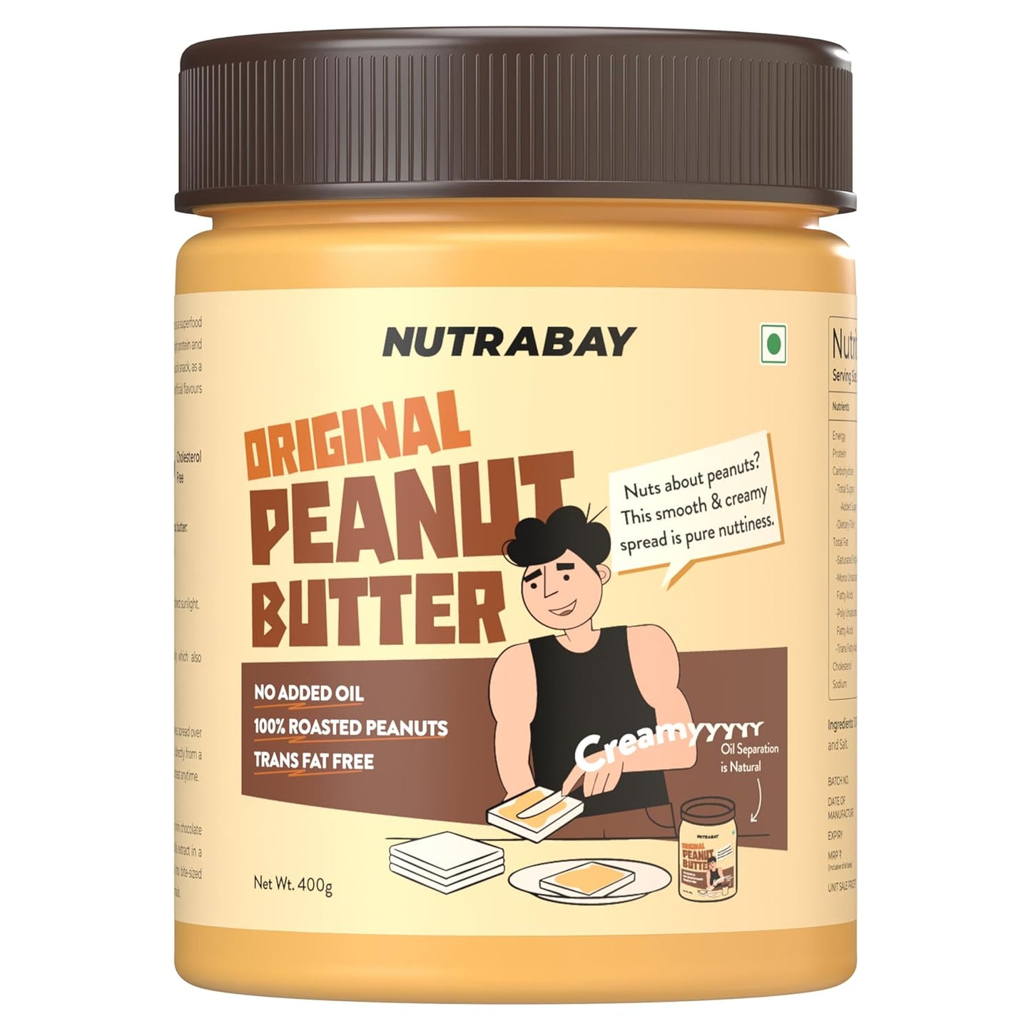 Nutrabay Foods Original Peanut Butter (Creamy) - 400g | 100% Roasted Peanuts, 28g Protein, Zero Cholesterol, Vegan, Gluten Free, Non GMO