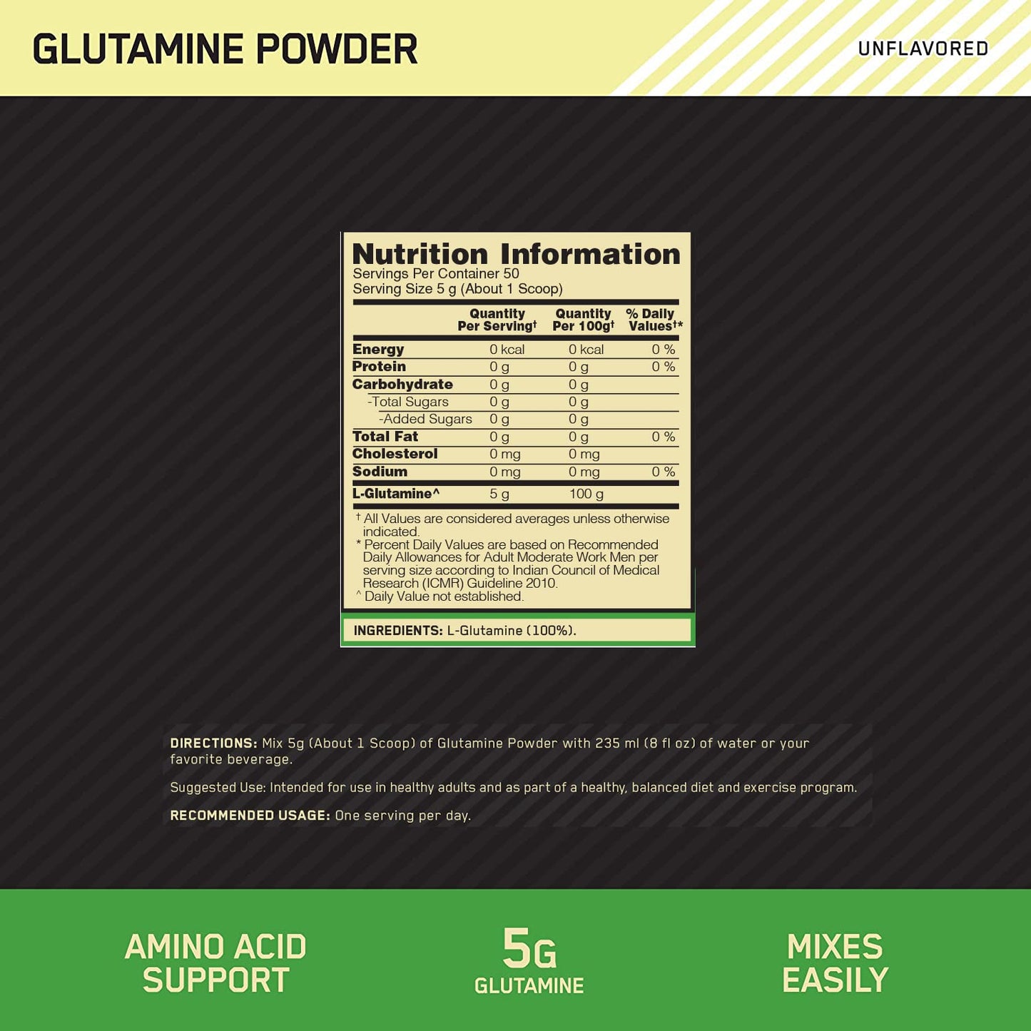 Optimum Nutrition (ON) L-Glutamine Powder- 250 Gram, 50 Serves, 5g Glutamine per serve for Amino Acid Support & Muscle Recovery, Unflavoured.