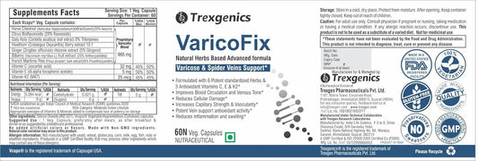 Trexgenics VaricoFix Complete Varicose Veins & Blood Circulation Support Natural Herbs & Vitamins Complex (60 Veg. Capsules)