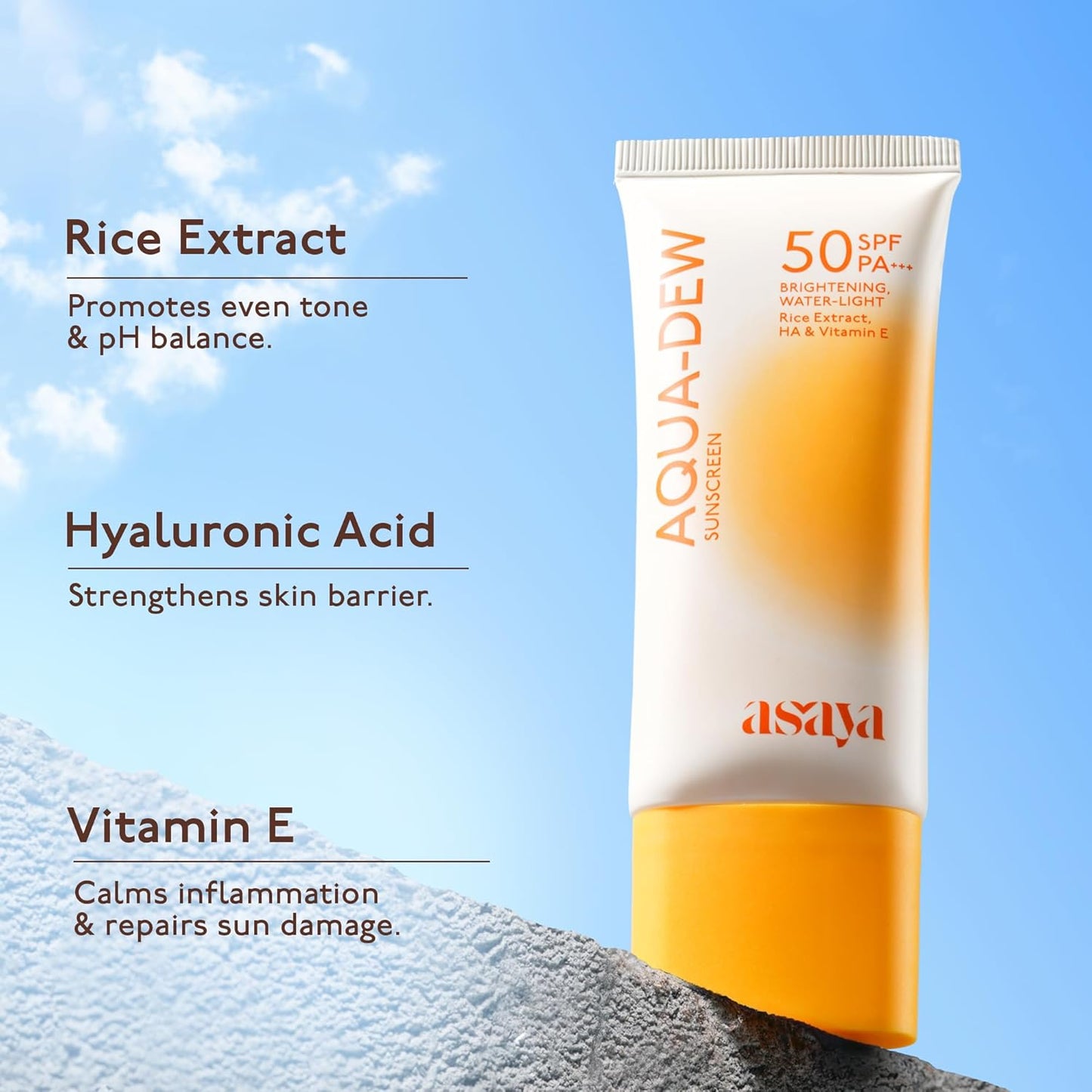 Asaya Aqua Dew Sunscreen SPF 50 PA+++ | Rice Extract | No White Cast | Blue Light Protection | Water & Sweat Resistant | Fragrance-Free | Ultra Light Dewy Sunscreen for Men & Women | 50 ml
