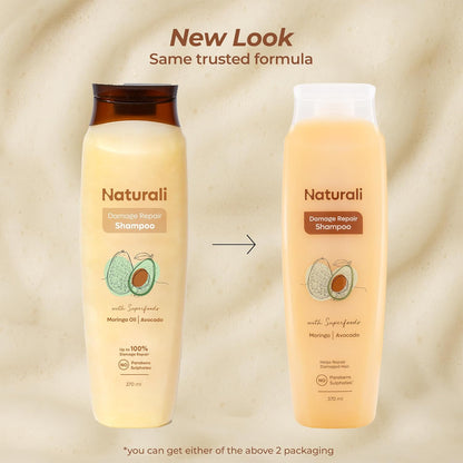 Naturali Damage Repair Shampoo | Improves Damaged Hair In Just 4 Uses | With Avocado & Moringa Oil | Sulphate Free | For Women | Shampoo for Frizzy and Dry Hair | Paraben Free | 370 ml
