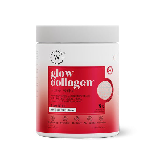 Wellbeing Nutrition Glow Collagen with Glutathione | Collagen Supplements for Women & Men | Marine Collagen Powder with SkinAxÂ², Resveratrol, Bromelain & Goji Berry | 250g - Tropical Bliss Flavor