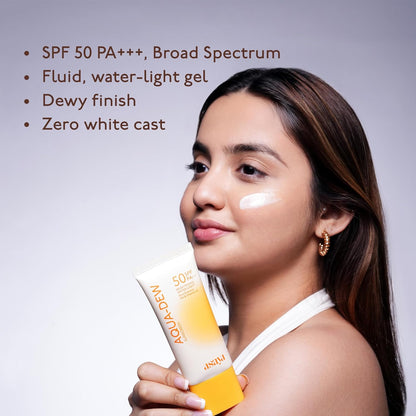 Asaya Aqua Dew Sunscreen SPF 50 PA+++ | Rice Extract | No White Cast | Blue Light Protection | Water & Sweat Resistant | Fragrance-Free | Ultra Light Dewy Sunscreen for Men & Women | 50 ml