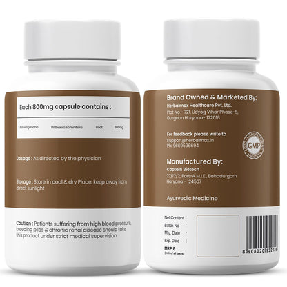 Herbal Max Ashwagandha General Wellness Capsules â€“ 30 Veg Capsules 800mg | Ayurvedic Supplement for Stress Relief, Performance, Immunity & Energy