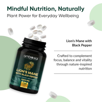 Ambrosial Lionâ€™s Mane Mushroom Supplement with Black Pepper â€“ 2000 mg per Serving | 120 Vegan Tablets | Mushroom Extract to support Focus, Clarity & Wellness