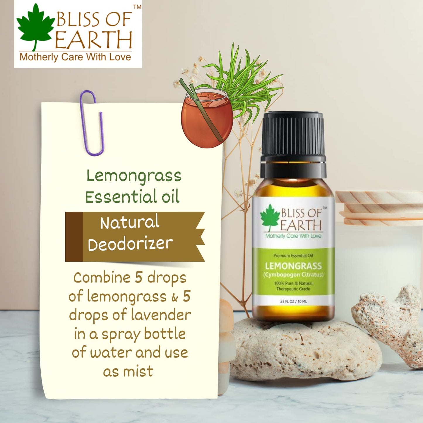 Bliss of earth Lemongrass Essential Oil,100% Pure Steam Distilled 10 ml