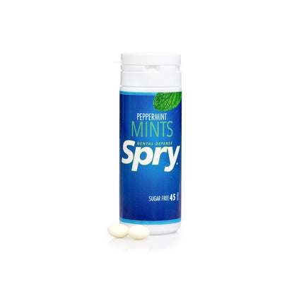 Spry Xylitol Peppermint Mints Sugar Free Candy - Promote Oral Health, Increase Saliva Production, Stop Bad Breath, Non-GMO, Gluten-Free, 45 Count (Pack of 1)