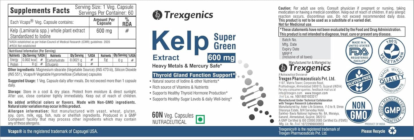 Trexgenics Kelp extract Super Greens, Thyroid Support VEGAN & Gluten Free (60 Vcaps)