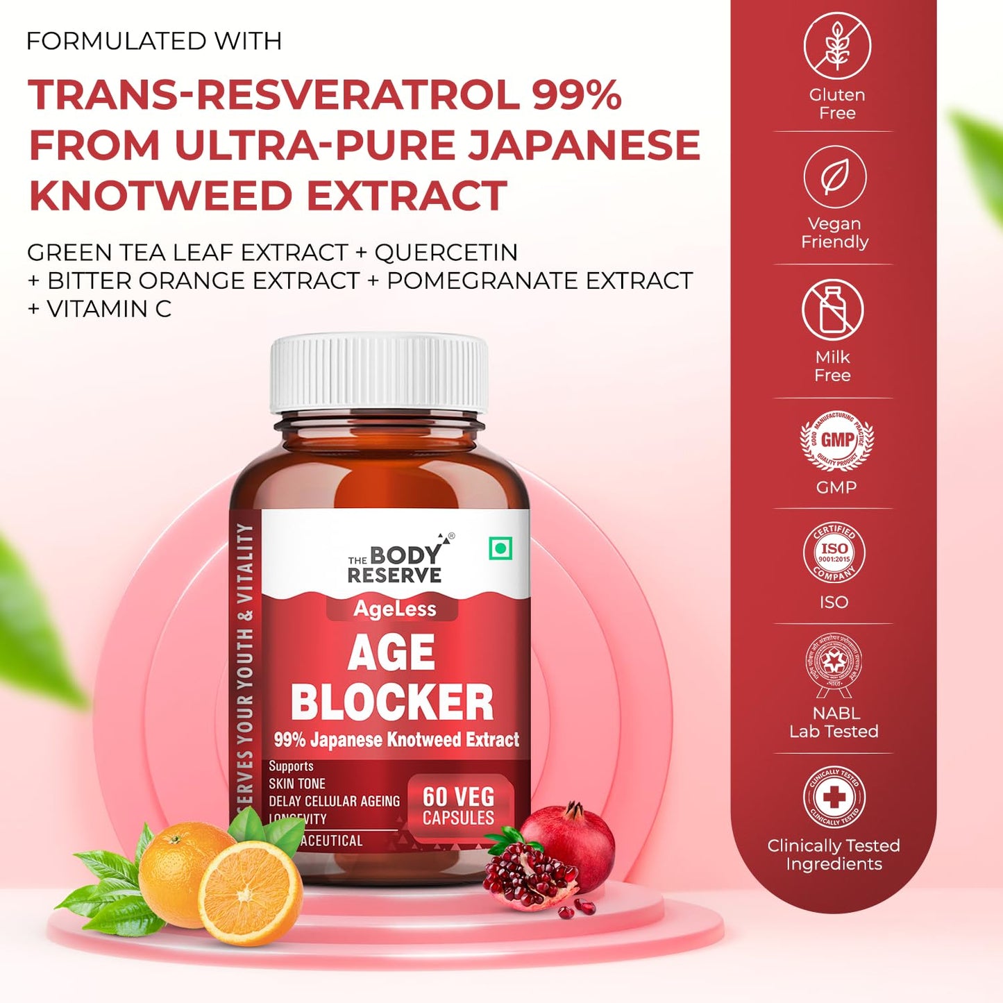 The Body Reserve Age Blocker â€“ Trans-Resveratrol 99% Japanese Knotweed Extract | Quercetin, Green Tea, Bitter Orange & Pomegranate | Powerful Antioxidant & Anti-Aging Supplement 60 Veg Capsules