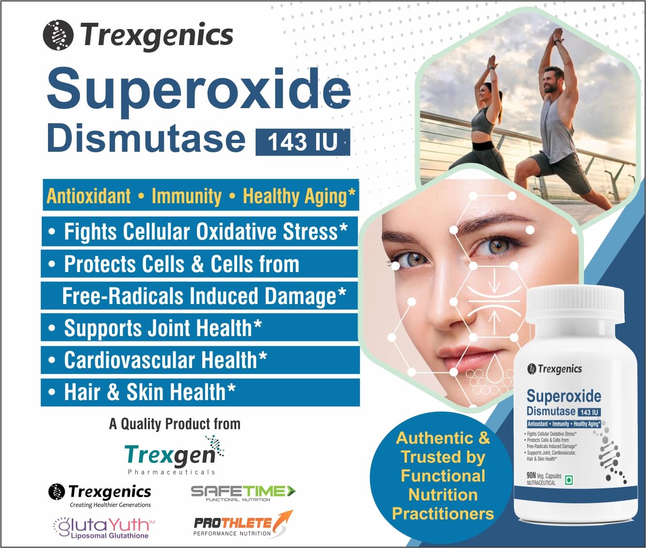 Trexgenics SUPEROXIDE DISMUTASE - SOD 143 IU Antioxidant, Immunity, Healthy Aging, Free radical scavenger (90 Veg Capsules)