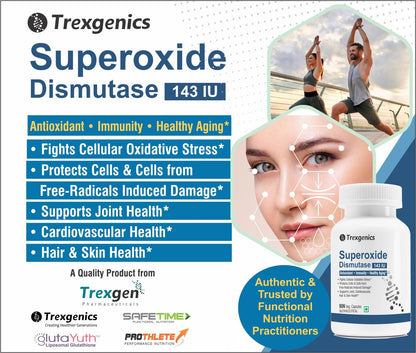 Trexgenics SUPEROXIDE DISMUTASE - SOD 143 IU Antioxidant, Immunity, Healthy Aging, Free radical scavenger (90 Veg Capsules)