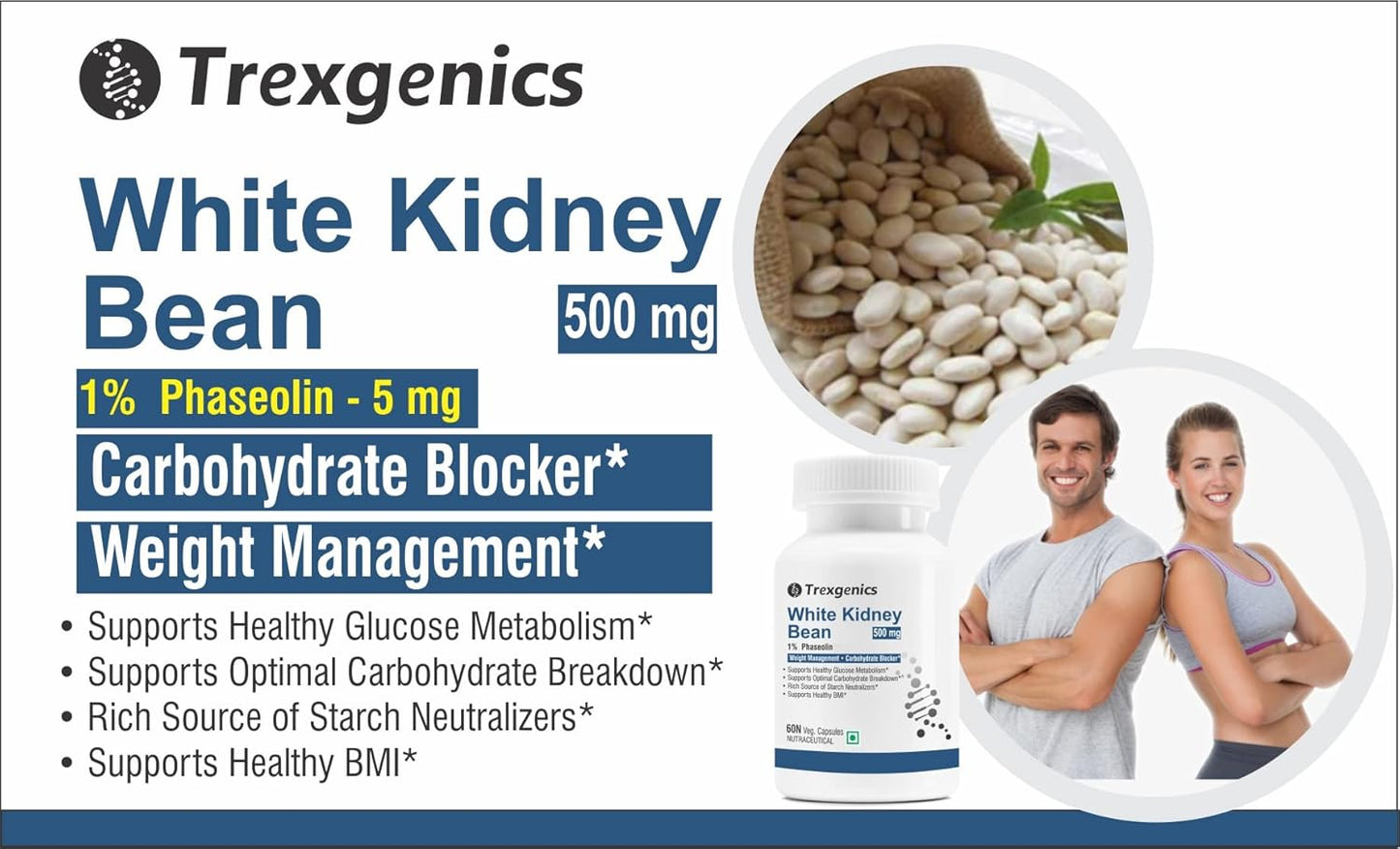 Trexgenics WHITE KIDNEY BEAN 1% Phaseolin 500 mg Carbohydrate Blocker, Weight Management VEGAN & NON-GMO (60 Veg. Capsules) (Pack of 1)