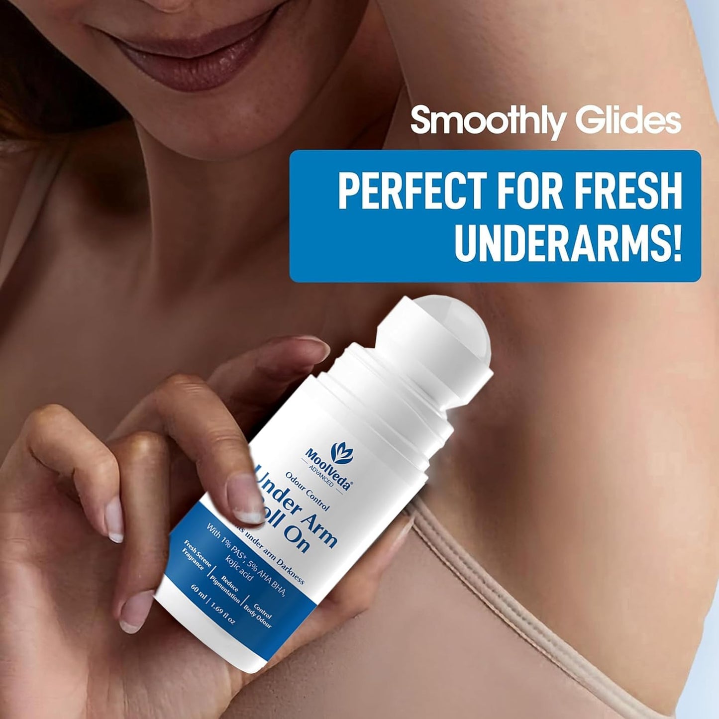 Moolveda 5% AHA BHA Underarm Roll On 60ml - Odour Control & Pigmentation Removal for Men Women | Lactic Mandelic Salicylic Acid | Orchid Breeze