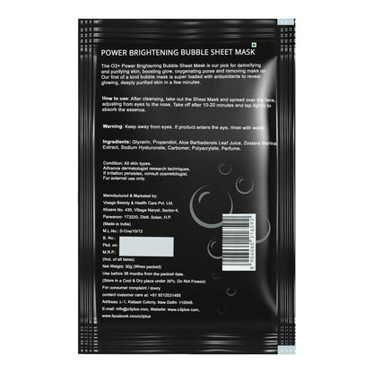 O3+ Power Brightening Bubble Sheet Mask for Deep cleansing and glowing skin (30gm,Pack of 1)