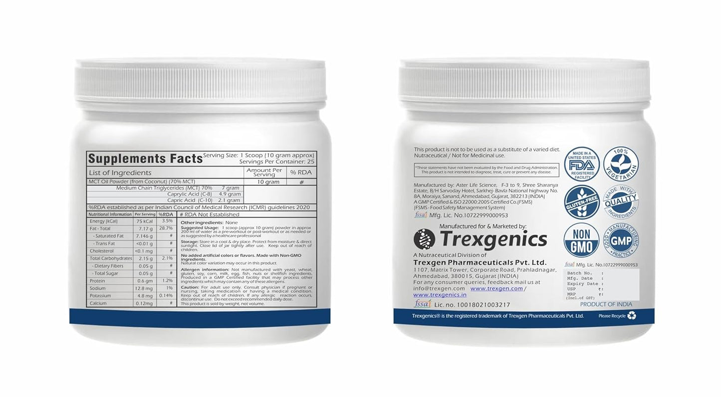 Trexgenics Pure MCT Medium Chain Triglycerides 70% Powder (from Virgin Cogonut) 70:30 C8:C10 Ratio, Rapid Energy, Ketosis Support (250 gram)