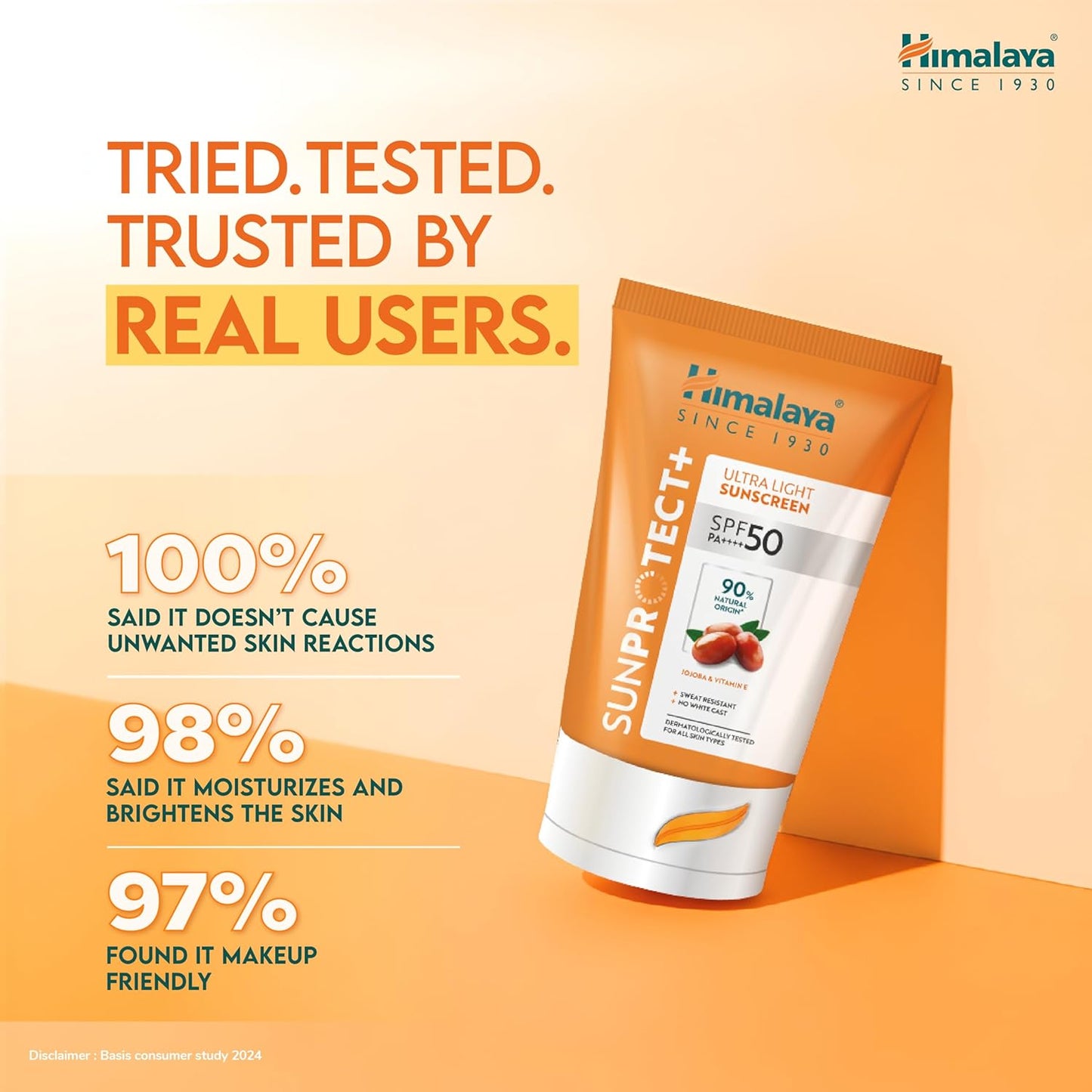 Himalaya Sun Protect+ Ultra Light Sunscreen | 90% Natural Origin Ingredients | In vivo tested SPF 50 PA++++ | Dermatologically tested for all skin types | No white cast | Sweat Resistant | 30g