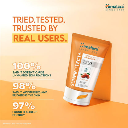 Himalaya Sun Protect+ Ultra Light Sunscreen | 90% Natural Origin Ingredients | In vivo tested SPF 50 PA++++ | Dermatologically tested for all skin types | No white cast | Sweat Resistant | 30g