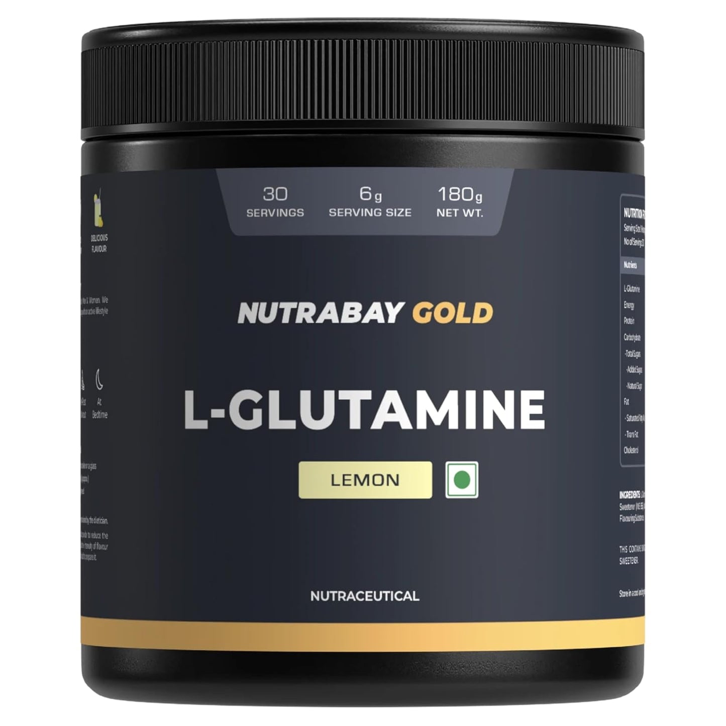 Nutrabay Gold L-Glutamine Supplement Powder 180g, Lemon Flavor â€“ Post Workout Amino Acid for Muscle Growth & Recovery | 100% Authentic Supplement | No Banned Substances | Tested for Purity