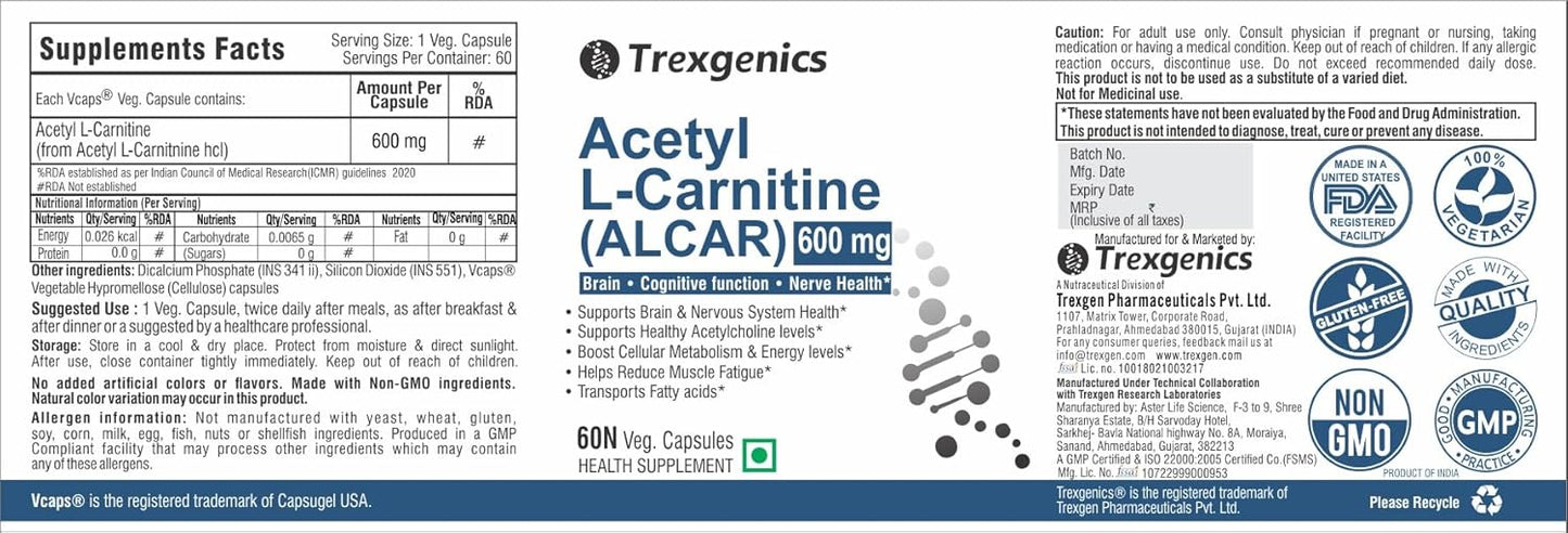 Trexgenics ACETYL-L CARNITINE (ALCAR) 600 mg Nervous System, Cognitive Function, Metabolism, Energy Support VEGAN & NON-GMO (60 Veg. Capsules) (Pack of 1)