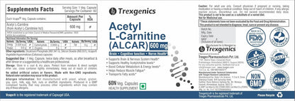 Trexgenics ACETYL-L CARNITINE (ALCAR) 600 mg Nervous System, Cognitive Function, Metabolism, Energy Support VEGAN & NON-GMO (60 Veg. Capsules) (Pack of 1)