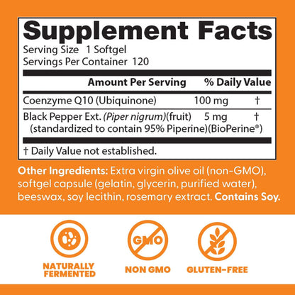 Doctor's Best High Absorption CoQ10 with BioPerine Supplement - Coenzyme Q10 Softgels for Heart Health & Antioxidant Support, Naturally Fermented CoQ10 100mg for Women & Men, Non GMO - 120 Softgels