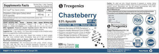 Trexgenics CHASTEBERRY 0.5% Agnuside 400 mg Reproductive System Health, Menopause, Menstrual Cycle, Prolactin & PCOS Support VEGAN & NON-GMO (60 Vcaps) (Pack of 1)