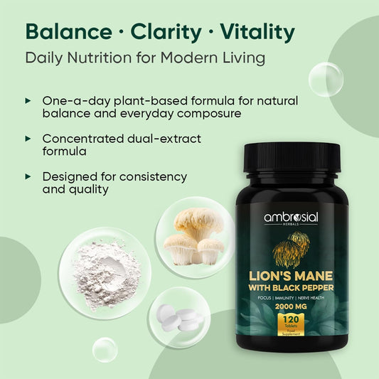 Ambrosial Lionâ€™s Mane Mushroom Supplement with Black Pepper â€“ 2000 mg per Serving | 120 Vegan Tablets | Mushroom Extract to support Focus, Clarity & Wellness