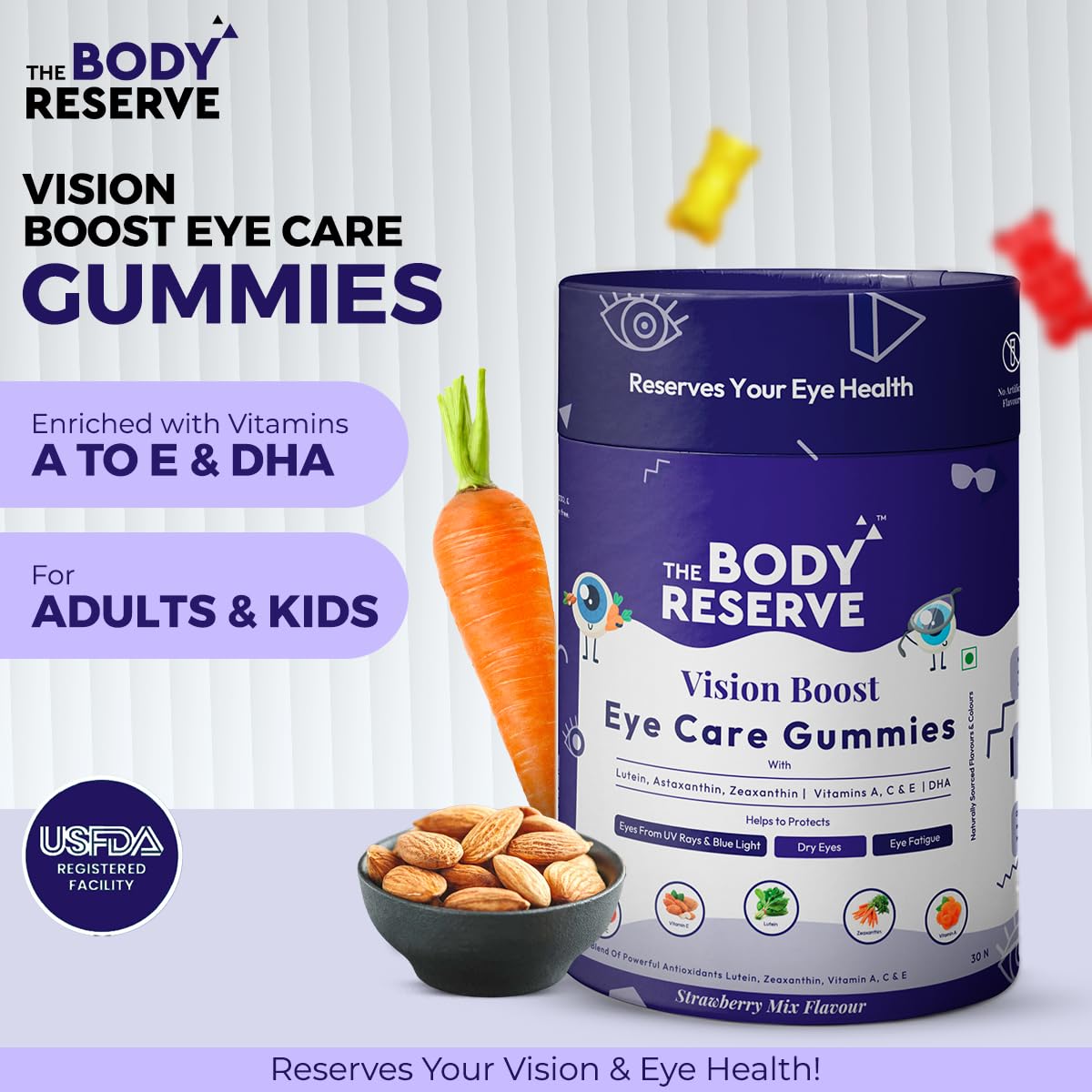 The Body Reserve Vision Boost Eye Care Gummies Enhanced with DHA, Vitamin A, C & E Promotes Vision and Protects from Blue Light & Digital Strain Strawberry Mix Flavoured 30 Gummies(Pack of 1)