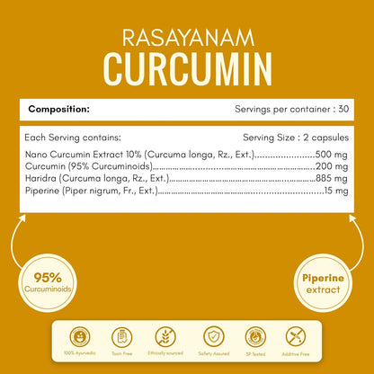 Rasayanam Curcumin 1600mg | Extra-Pure Nano Curcumin Capsules with 95% Curcuminoids | Turmeric & Piperine | Joint Support Supplement for Men & Women - 60 Capsules