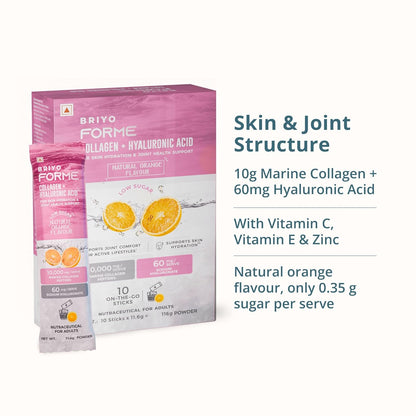 Briyo Forme Collagen + Hyaluronic Acid | 10g Hydrolyzed Marine Collagen with 60mg Hyaluronic Acid | Orange Flavored Daily Drink Mix for Skin Hydration, Joint Support, Anti-Aging & Bone Strength