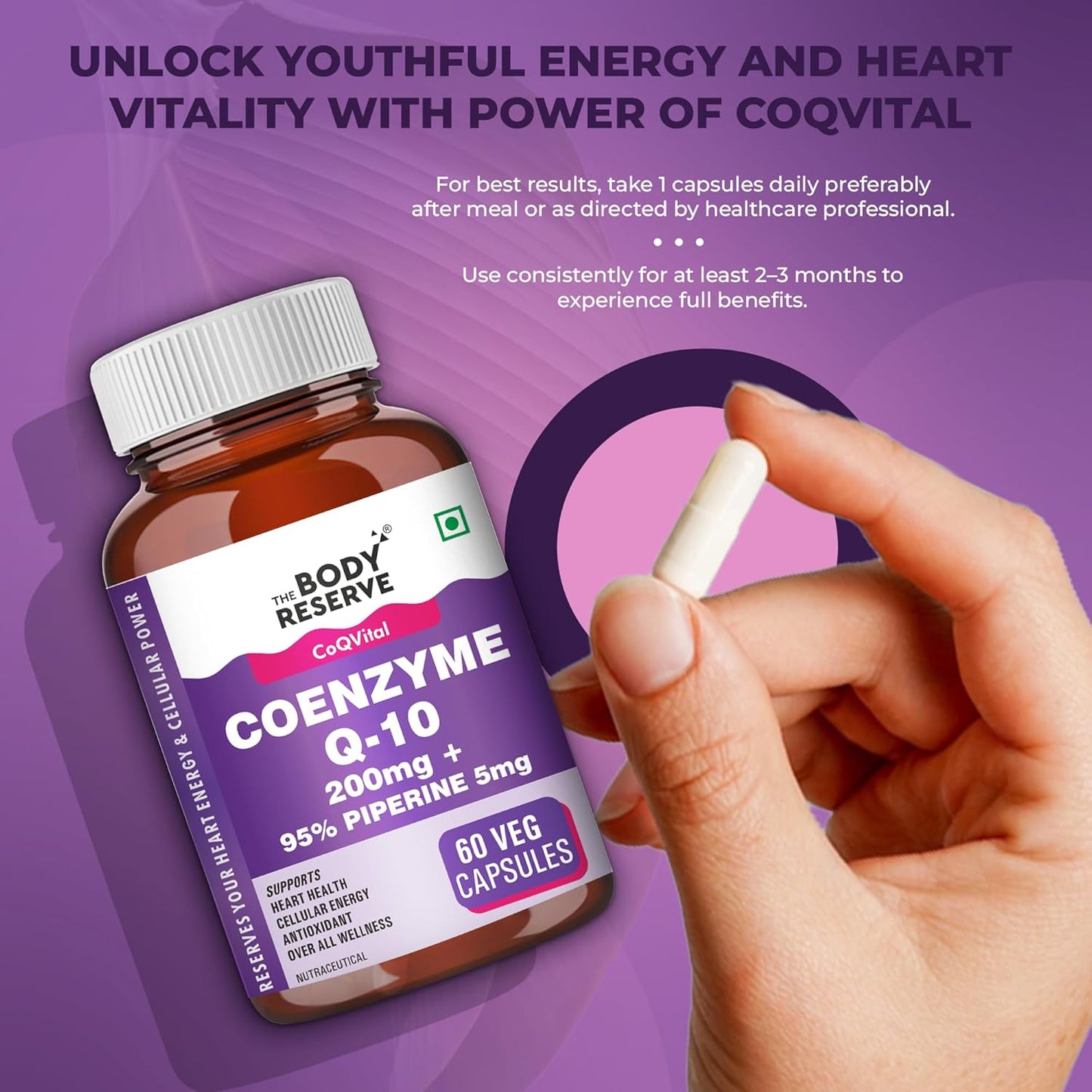 The Body Reserve Coenzyme Q10 200mg with 95% Piperine â€“ High Absorption CoQ10 Supplement for Heart & Vascular Health | Supports Energy Production & Cellular Function | Powerful Antioxidant | 60 Vegetarian Capsules