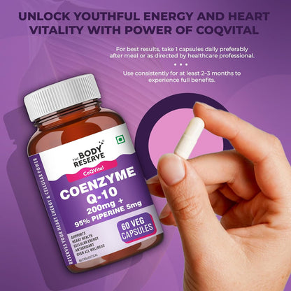 The Body Reserve Coenzyme Q10 200mg with 95% Piperine â€“ High Absorption CoQ10 Supplement for Heart & Vascular Health | Supports Energy Production & Cellular Function | Powerful Antioxidant | 60 Vegetarian Capsules