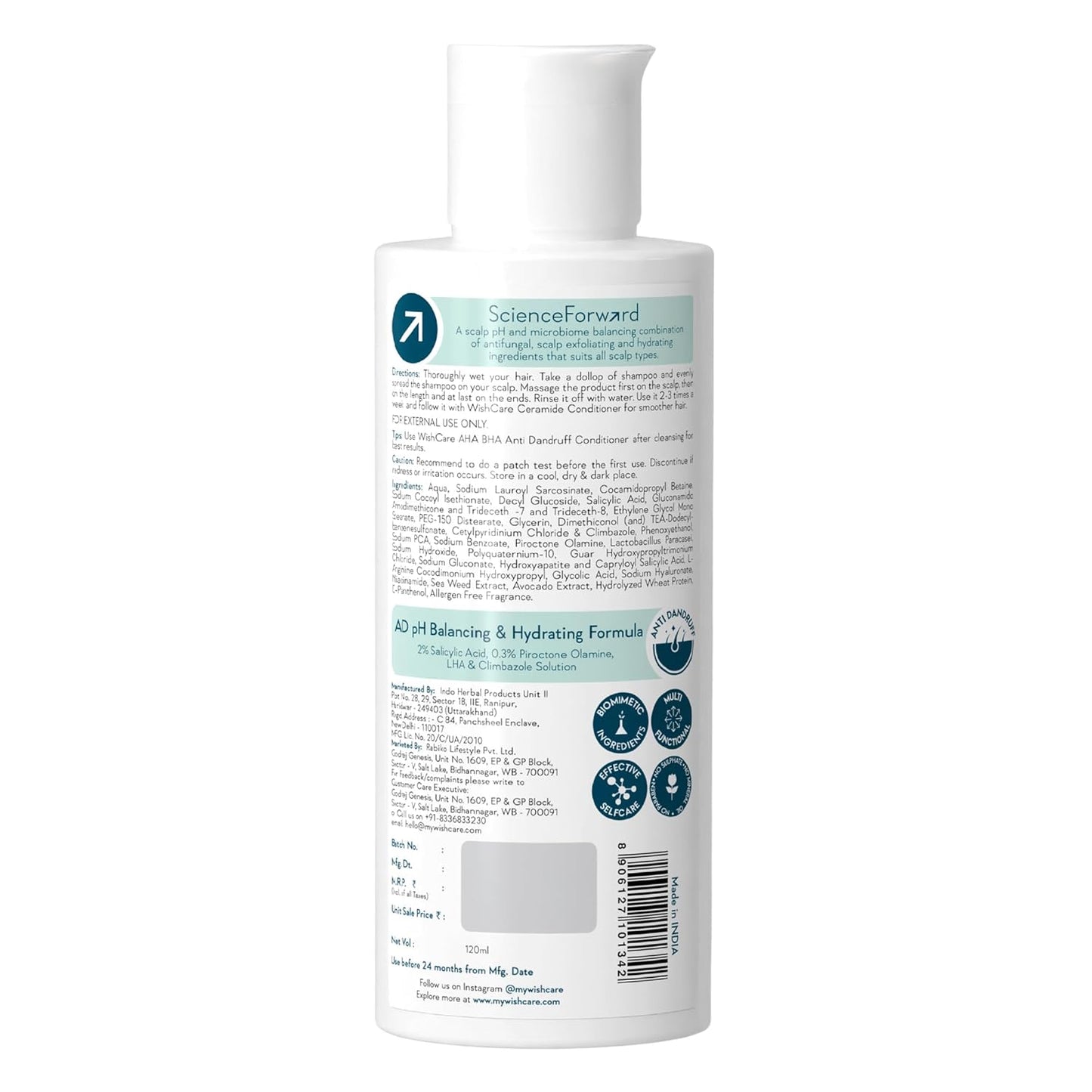 WishCare Hydrating Anti Dandruff Shampoo | 100% Dandruff Reduction | Removes Flakes & Hydrates Scalp | Proven Clinically | Piroctone Olamine, Salicylic Acid, AHA & BHA | Paraben & Sulphate Free | For Women And Men | 120ml