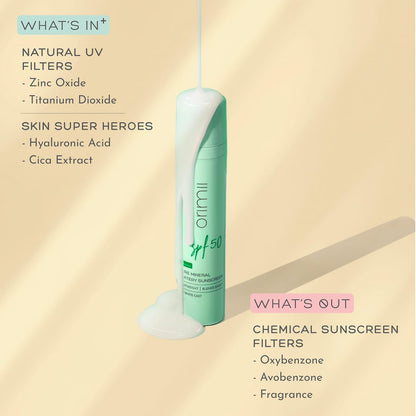 Orimii 100% Pure Mineral Fluid Sunscreen SPF 50| Super Lightweight, Zero White Cast & Blends Easily on Skin | With Zinc Oxide & Hyaluronic Acid | Fragrance Free, Non Comedogenic & Pregnancy Safe 50ml