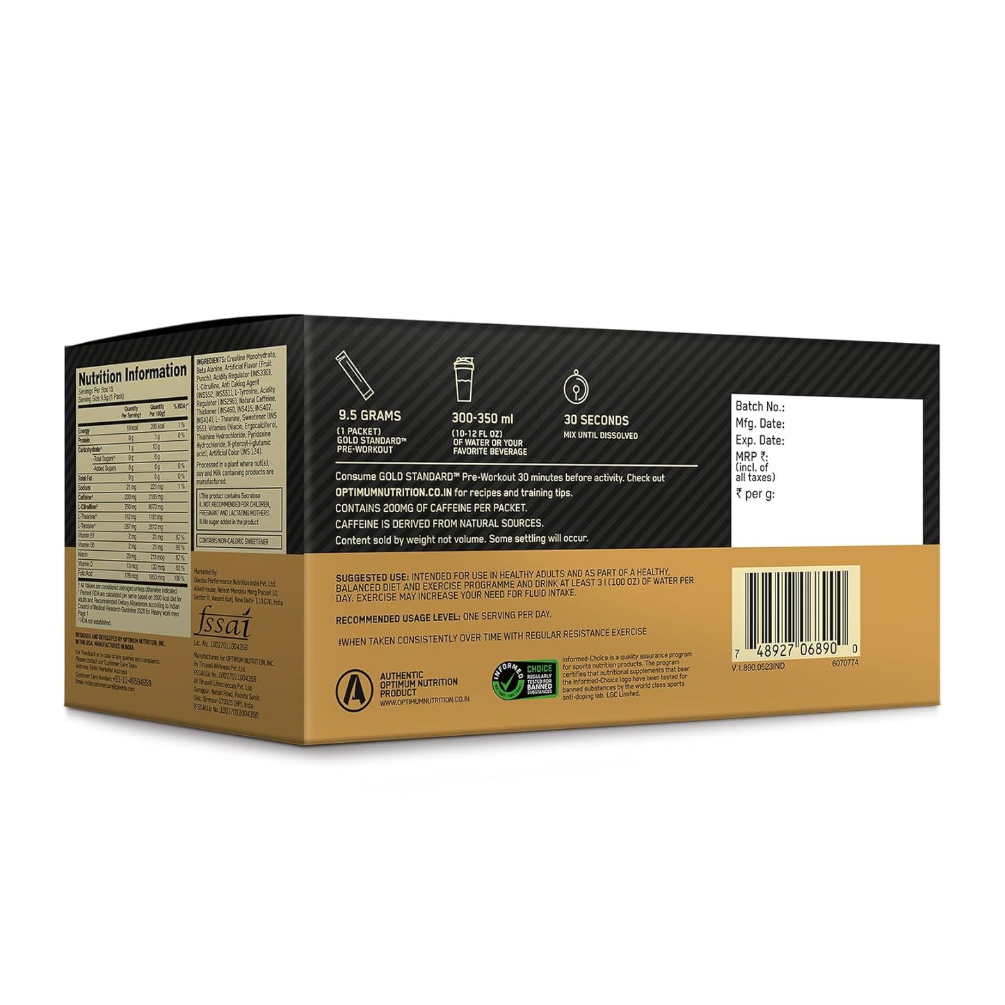 Optimum Nutrition (ON) Gold Standard Pre-Workout- 142.5g/15 single serve packs, For Energy, Focus, Power, Endurance & Performance