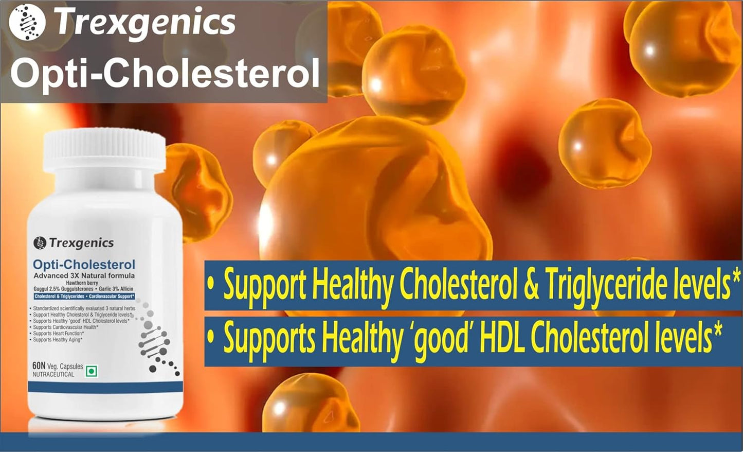 Trexgenics OPTI-CHOLESTEROL Support 3X Herbs, Cardiovascular, Blood Pressure, Triglycerides Support VEGAN & NON-GMO (60 Veg. Capsules) (Pack of 1)