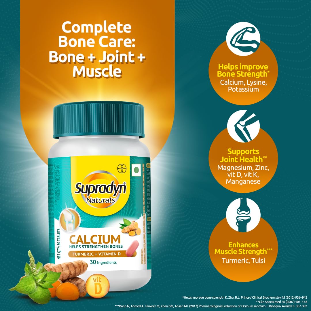 Supradyn Naturals Calcium for Men and Women (30 tablets)|Multivitamin with Vitamin D, Magnesium, Zinc, Vitamin B 12 & Turmeric|For Bone health and Joint support|Veg
