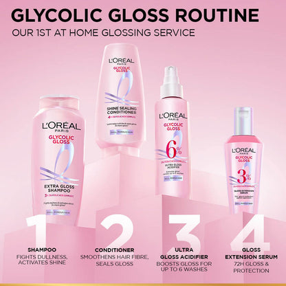 Lâ€™OrÃ©al Paris Glycolic Gloss Shine Boosting Shampoo, powered by 3% Glycolic Acid, for dull hair, restores hair quality for gives 3x more gloss, 800ml