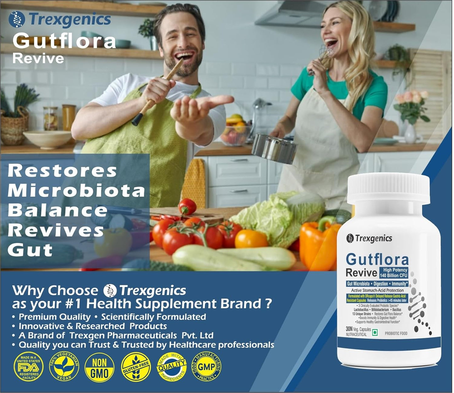 Trexgenics GUTFLORA-REVIVE Probiotics 140 Billion CFU/Delayee release stomach acid protection capsules, Gut Microbiota, Digestive Health & Immunity (30 Veg Capsules)