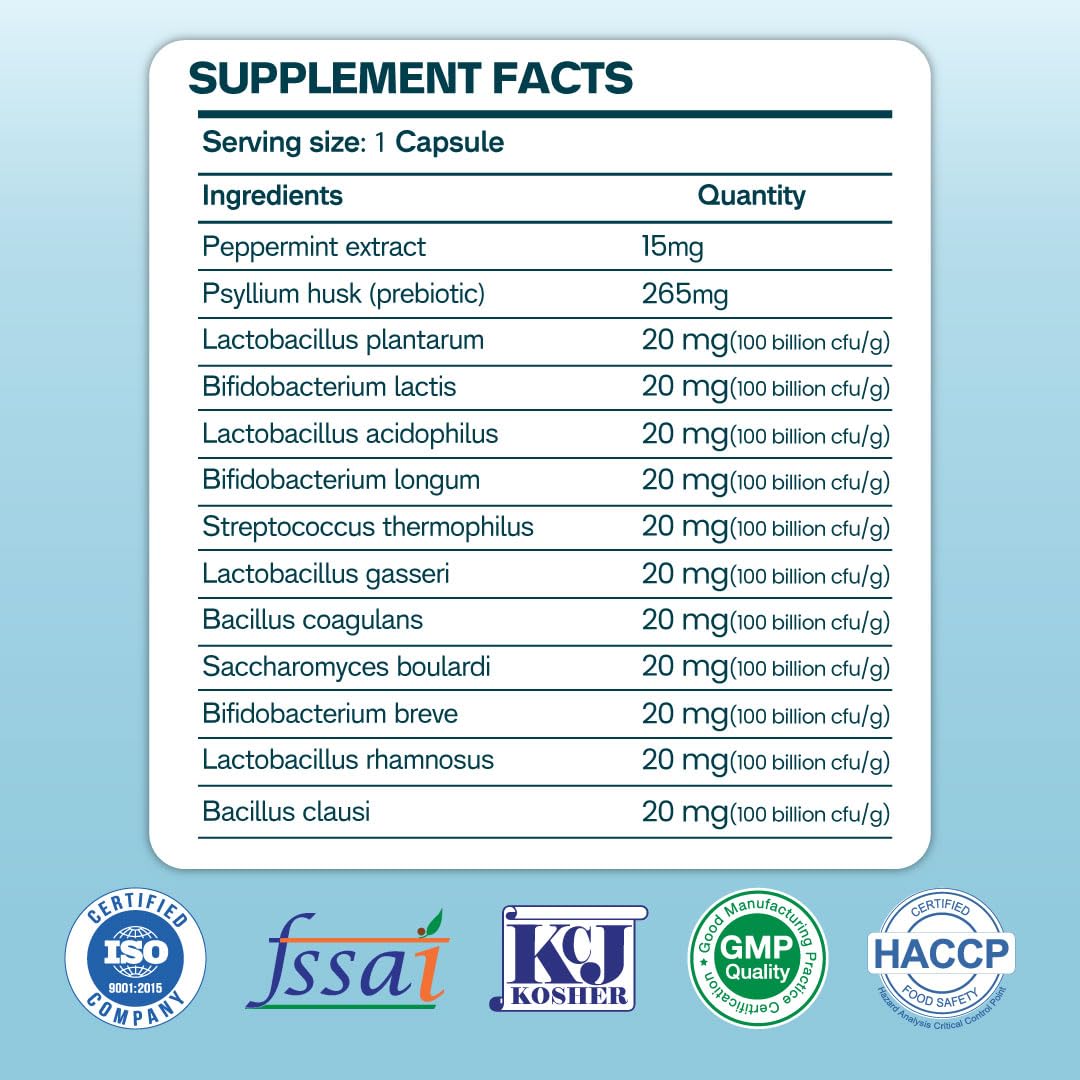 ZEROHARM Gut Army Probiotics & Prebiotics | Psyllium Husk, Lactobacillus Acidophilus, Vitamin C & Zinc | Immunity and Gut Health Supplement | Promotes Natural Gut Health & Digestion | 60 Veg Capsules