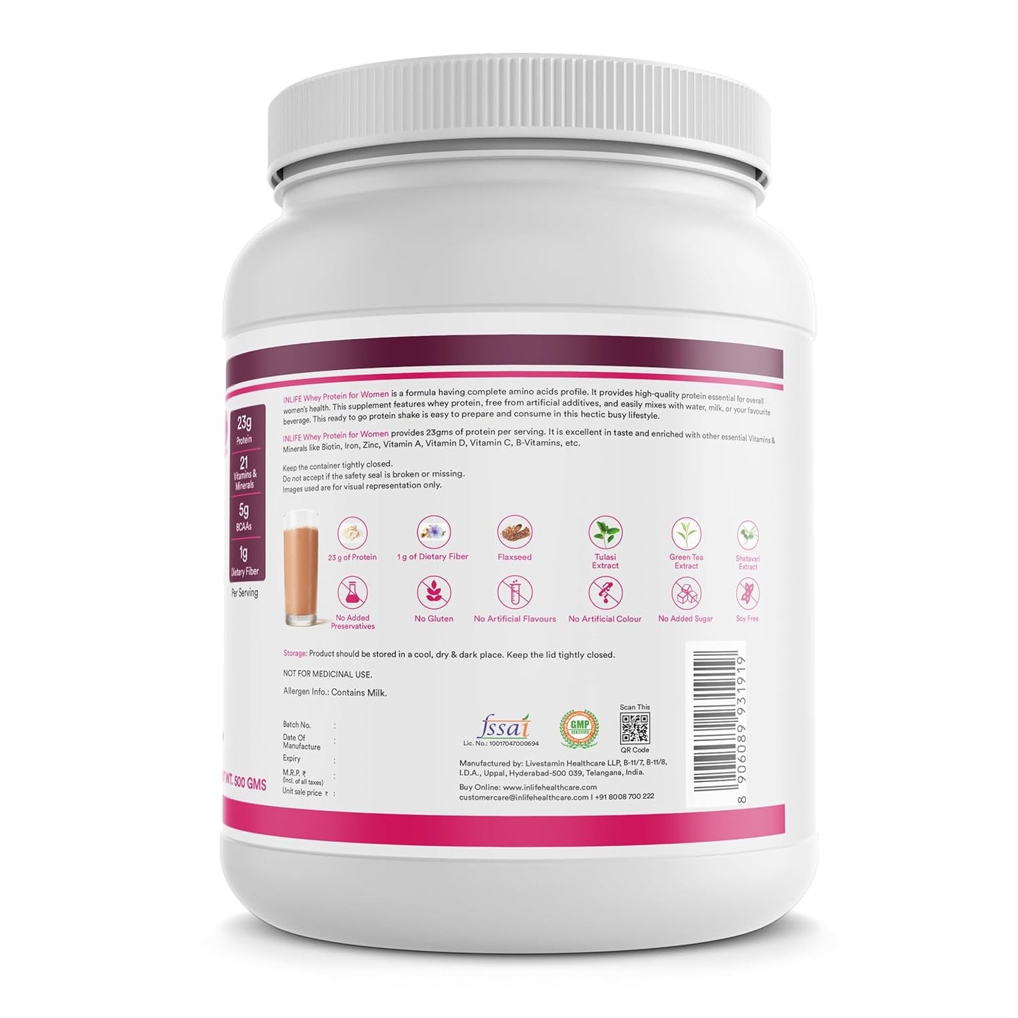 INLIFE Whey Protein Powder for Women | Ayurvedic Herbs, 23g Protein, 21 Vitamins Minerals, Omega 3 6, Digestive Enzymes, Hair Skin Nails 500g (500g, Chocolate)