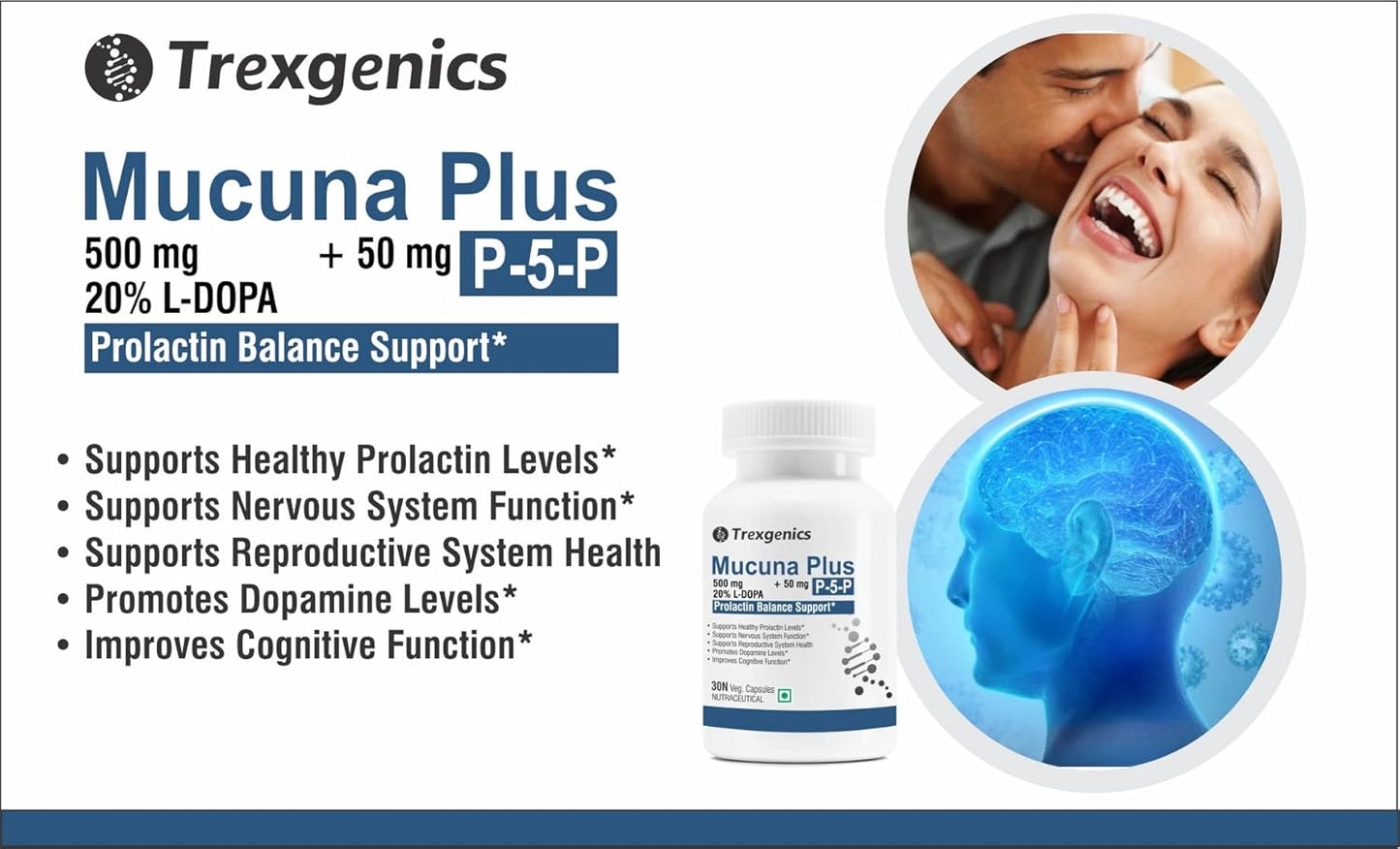 Trexgenics MUCUNA 20% L-DOPA 500 mg, P5P 50 mg Prolactin Support, Cognitive Function VEGAN & NON-GMO (30 Veg. Capsules) (Pack of 1)