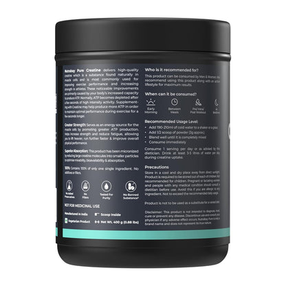 Nutrabay Pure Micronised Creatine Monohydrate Powder 3000 mg/Serving |Trustified Certified | Fast Absorption â€“ Increases Lean Muscle Mass, Strength & Power â€“ 400g, Unflavoured