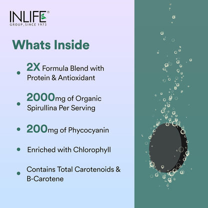INLIFE Spirulina Tablets 2000 mg (per serving) | Green Superfood Supplement | Nutritional Supplement Protein Fiber Antioxidants - 60 Tablets (Pack of 1, 60's)